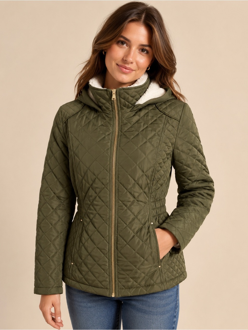 Cisono Women’s L Olive Green Quilted Sherpa Hooded Jacket Coat